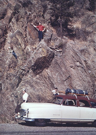 Robert, Warren & James on rocks, Catherine on Nash